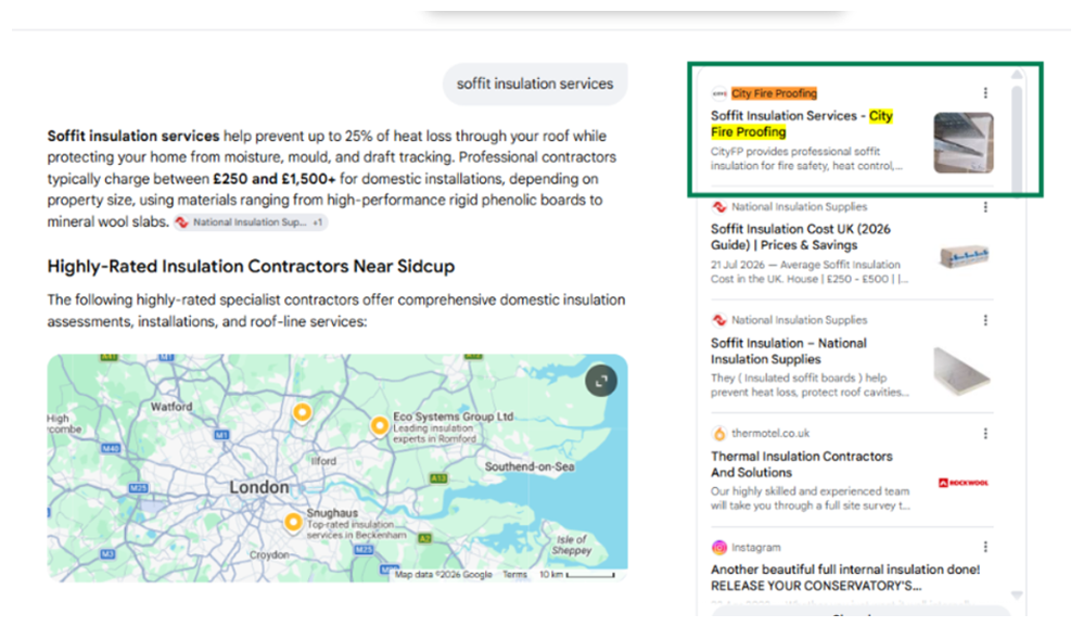 AI answer result showing the brand cited in the sources panel